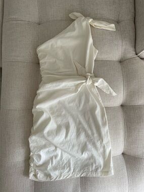 Zara Mini Linen Blend One Shoulder Ruched Bow Tie Dress Summer Vacation